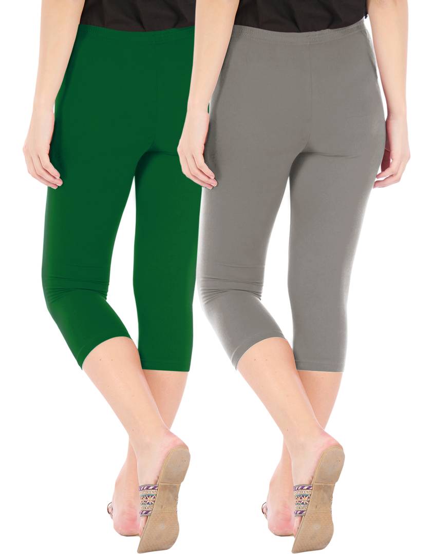 Stunning Cotton Blend Solid Skinny Fit 3/4 Capris Leggings For Women-Pack of 2